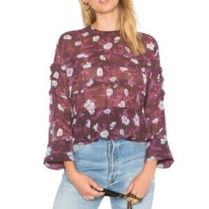 Carven Bordeaux Floral Print Tiered Ruffle Blouse